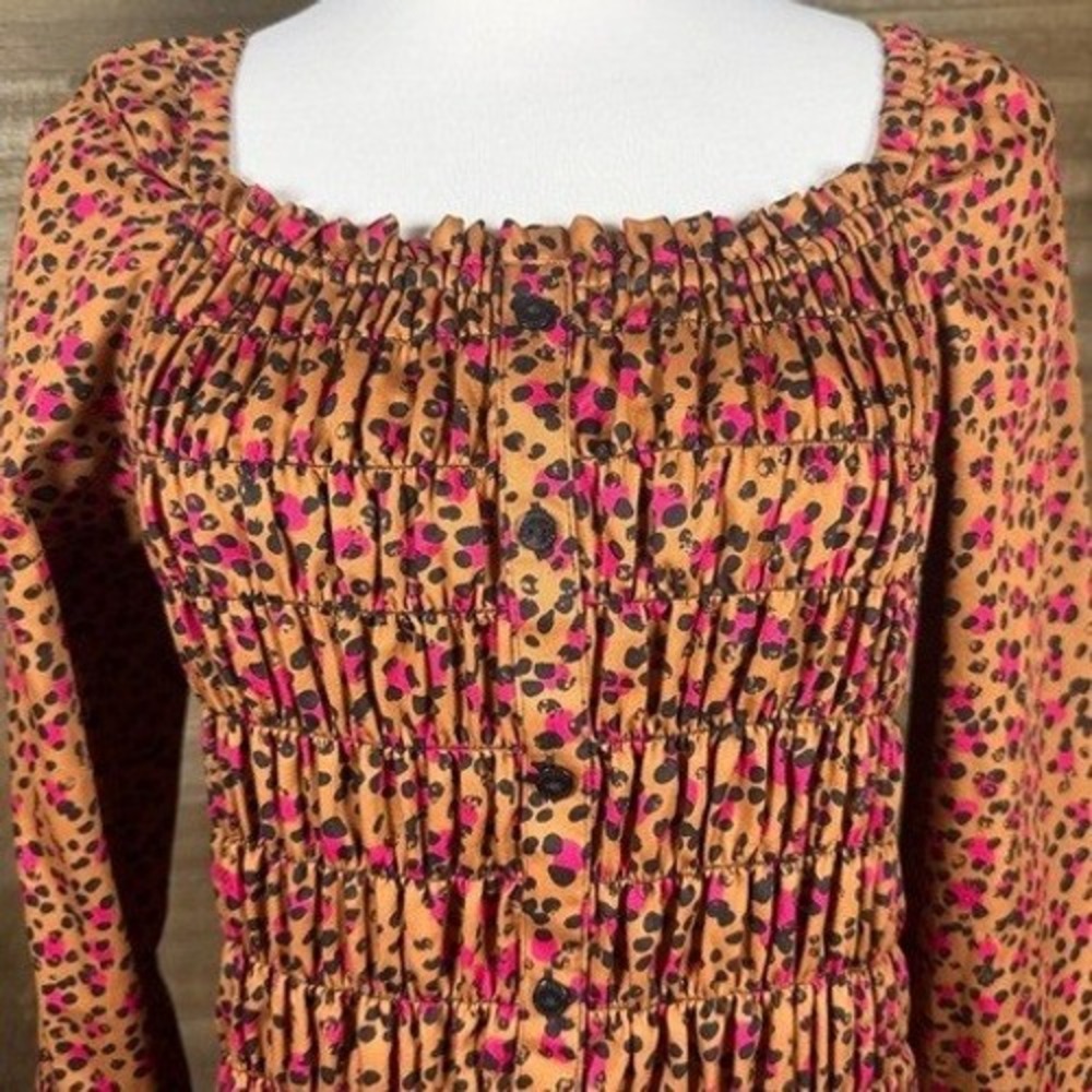 Foxcroft NYC Womens Pink Tan Leopard Print Smocked Square Neck Top Size 8 - Picture 3 of 11